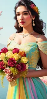 Woman in rainbow dress with bouquet in a scenic floral outdoor setting.