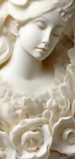 Elegant sculpture of a woman with floral designs in ivory tones.