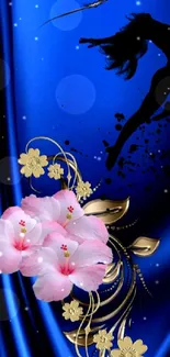 Elegant wallpaper with pink flowers and blue silhouette design.