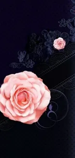 Elegant wallpaper with pink roses on a dark lace background.