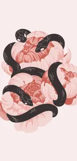 Elegant black snake intertwined with pink flowers on a light backdrop wallpaper.