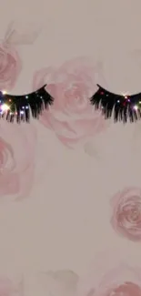 Stylish floral wallpaper with sparkly eyelashes on pale pink background.