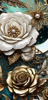 Elegant steampunk floral wallpaper with metallic roses and teal background.