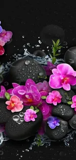 Vibrant orchids and black stones mobile wallpaper.