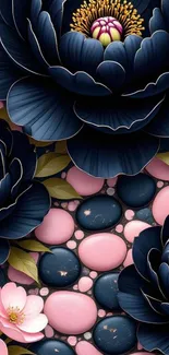 Elegant wallpaper with blue flowers and pink stones.