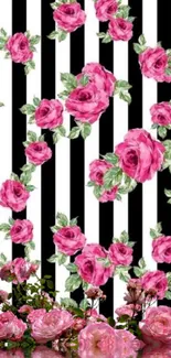 Elegant wallpaper with pink roses and black and white stripes.