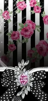 Elegant mobile wallpaper with pink roses on striped background.