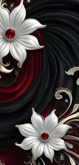 Elegant floral swirl with white flowers and red gems.