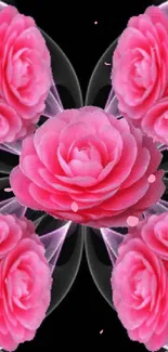 Symmetric pattern with vibrant pink roses and black backdrop.