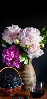 Elegant floral wallpaper with peonies and rustic decor.