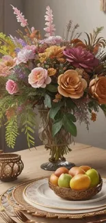 Elegant floral arrangement on dining table.