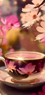 Elegant floral teacup with pink blossoms on mobile wallpaper.