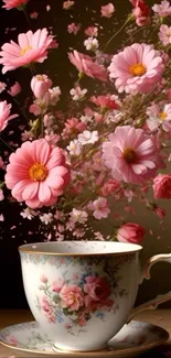 Tea cup with cascading pink flowers wallpaper.