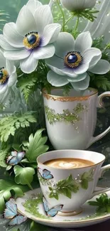 Elegant floral wallpaper featuring teacups and white flowers with butterflies.