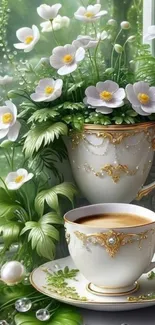 Floral teacup design with white flowers and greenery.