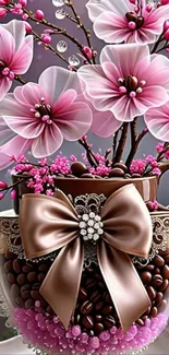 Elegant teacup with pink blossoms and a satin bow.