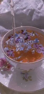 A sparkling teacup with purple flowers and water being poured in elegant lighting.