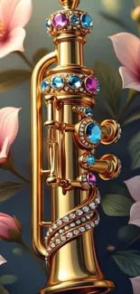 Golden trumpet with jewel details amidst pink flowers, elegant and artistic.