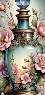 Elegant vase with lush flowers and ornate design, mobile wallpaper.