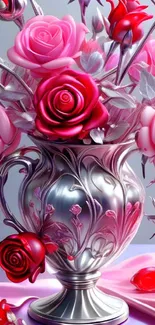 Metallic vase with vibrant pink and red roses in artistic arrangement.