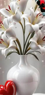 Vase of white lilies with a butterfly, elegant and decorative wallpaper.