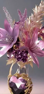 Elegant floral arrangement in heart-shaped vase.