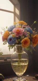 Elegant vase with vibrant flowers in sunlight.