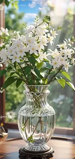 Vase with white flowers on table by sunny window.