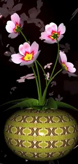 Floral wallpaper with pink flowers in a decorative vase.