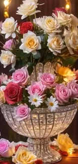 Floral arrangement with roses in a crystal vase