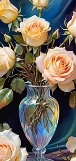 Elegant floral vase with pastel roses in artistic design.