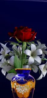 Elegant floral vase with red rose and white lilies on navy background.