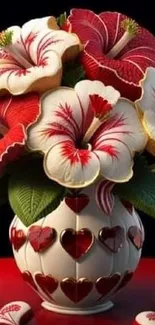 Vibrant bouquet of red and white flowers in a decorative vase.