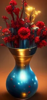 A vibrant floral arrangement in a blue vase with warm, artistic lighting.