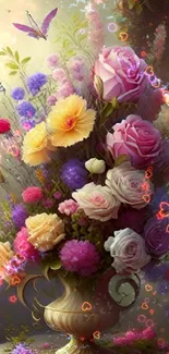 Elegant bouquet of colorful flowers in a vase with a beige background.