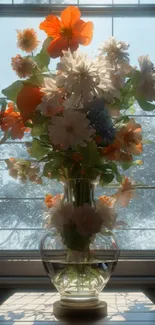 Elegant floral bouquet in a glass vase by a sunlit window.