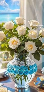 Elegant vase with white roses and blue accents in a sunlit room.