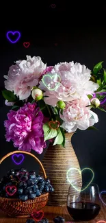 Elegant floral wallpaper with peonies and grapes.