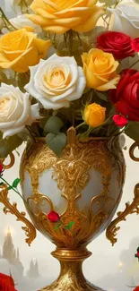 Gold vase with red, white, yellow roses