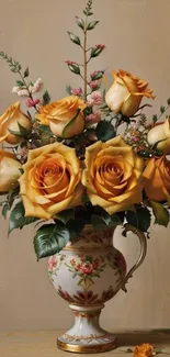 Elegant floral wallpaper with yellow roses in a decorative vase.