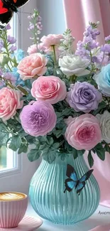 Wallpaper of flowers with butterflies on a windowsill next to a pink curtain.