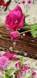 Pink roses and butterflies on a vintage book backdrop.