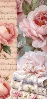 Vintage floral wallpaper with pink peonies and books.