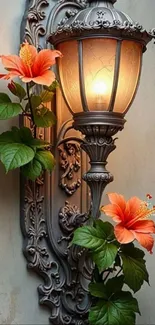 Vintage wall sconce with orange flowers and light.
