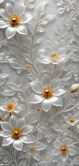 Elegant floral wallpaper with white and gold flowers on a soft gray background.