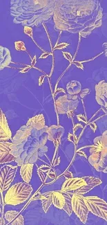 Elegant purple and gold floral wallpaper design.