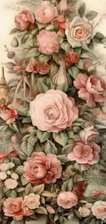 Elegant mobile wallpaper with pink roses and leaves.