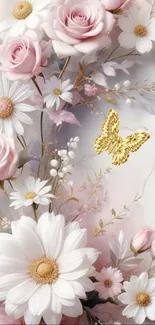 Elegant floral wallpaper with pink roses, daisies, and a golden butterfly.