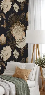 Elegant floral wallpaper with beige patterns on a black background.