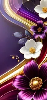 Purple and gold floral abstract wallpaper design.
